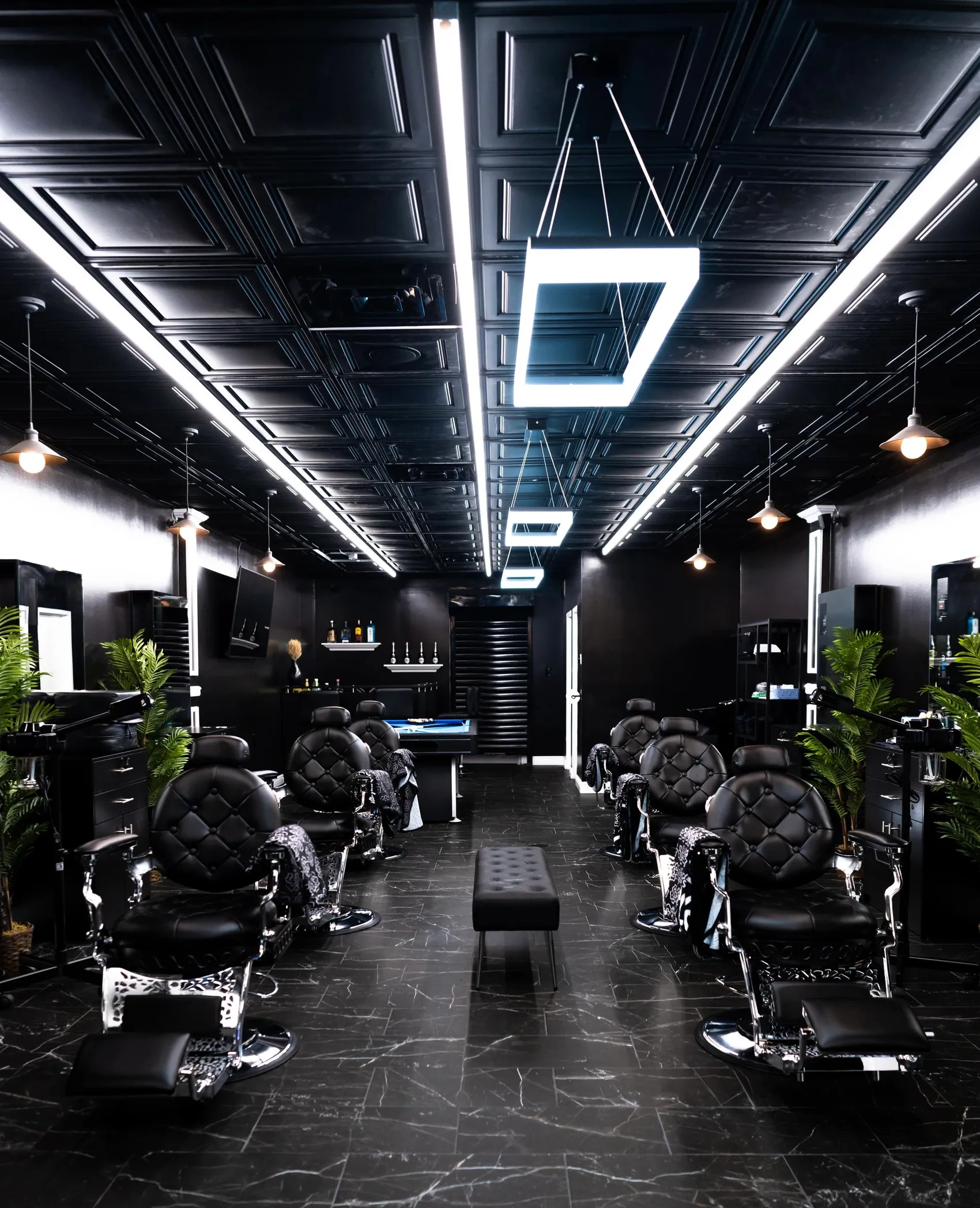 Interior of Styles Barber Lounge, the Downtown Los Angeles barbershop, at night